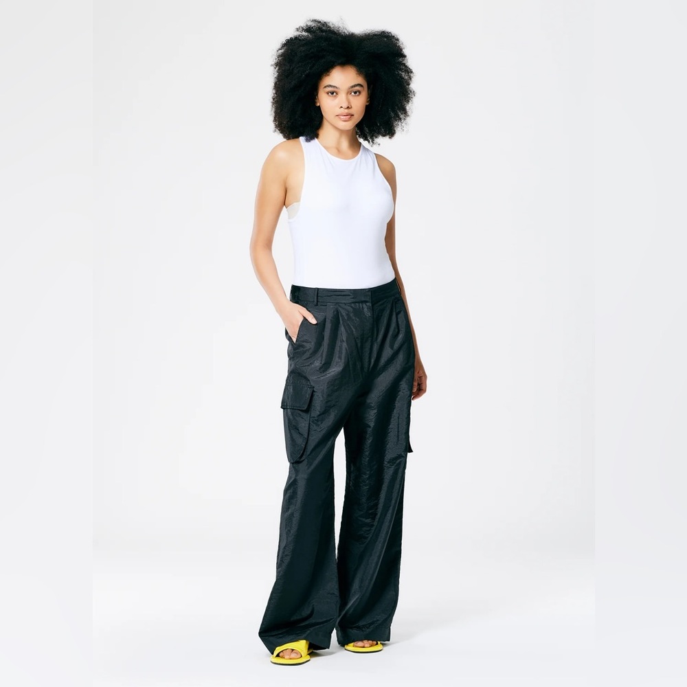 NWOT TIBI Stella Crispy Nylon Pleated Cargo Pant Black Trousers Wide Leg